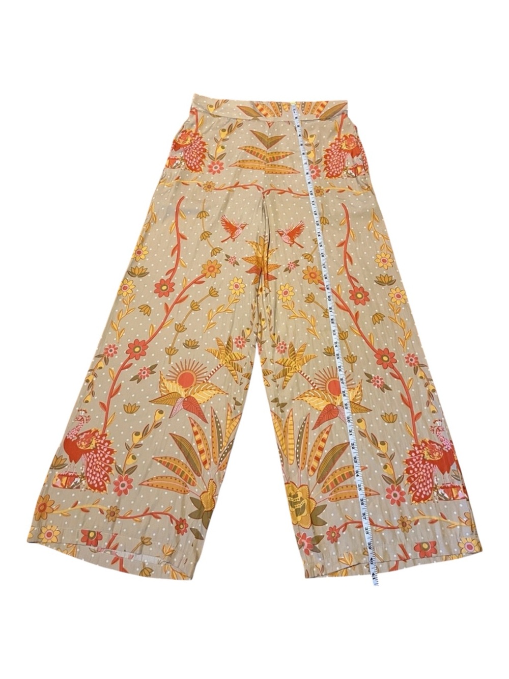 Rose & Olive Beige Floral Wide-Leg Pants Coral Mustard Print Size M EUC Boho - Picture 7 of 10